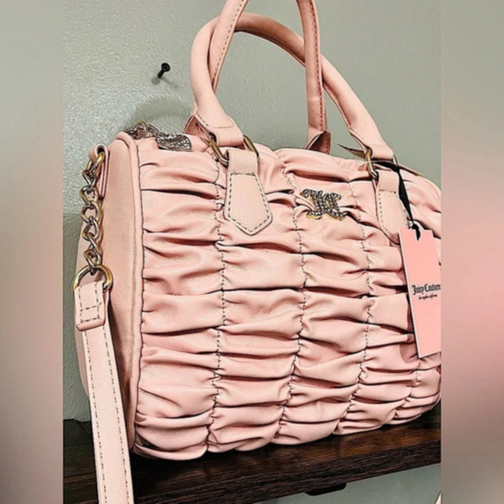 Juicy Couture Pink Run The World Satchel Ruched Faux Leather Gold Hardware NWT